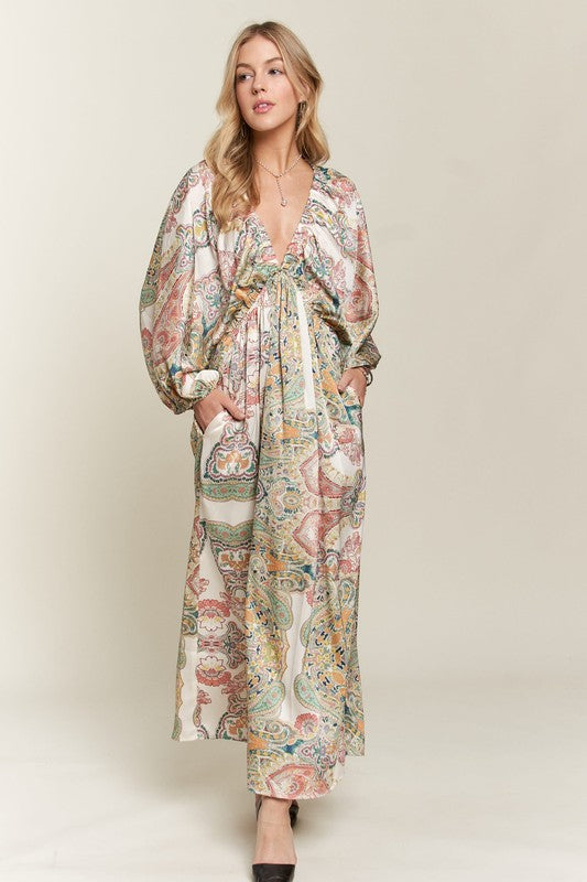 Abstract Print V-Neck Satin Batwing Sleeve Dress for Women