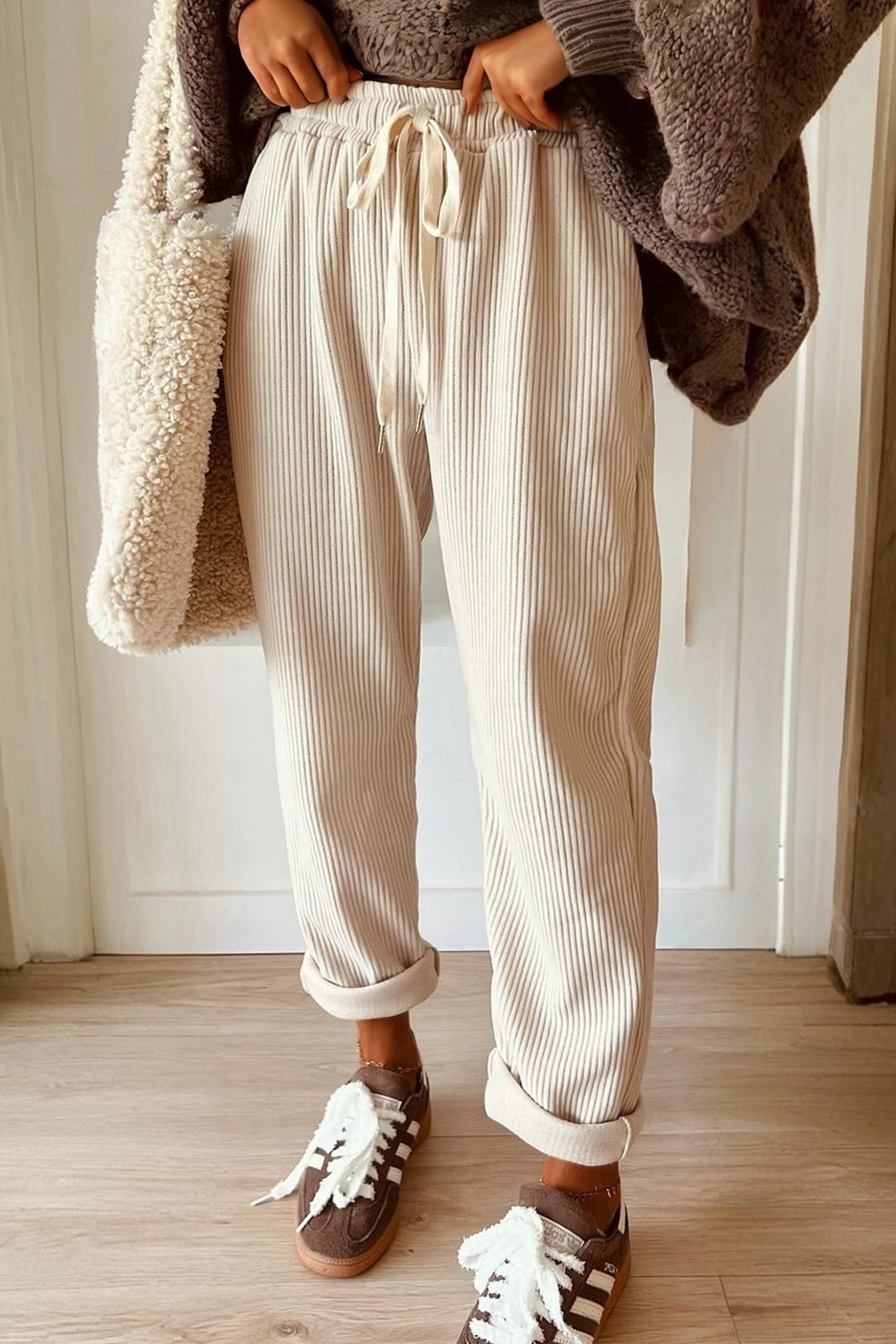 Women's Corduroy Relaxed Drawstring Pants High Rise Tapered Loungewear