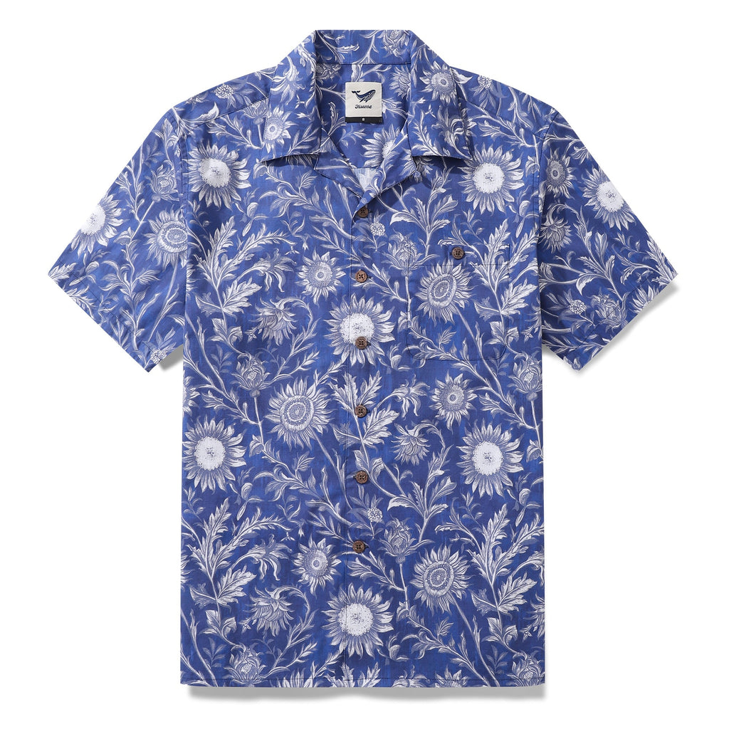 Short-sleeve shirt with blue and white porcelain sunflower print