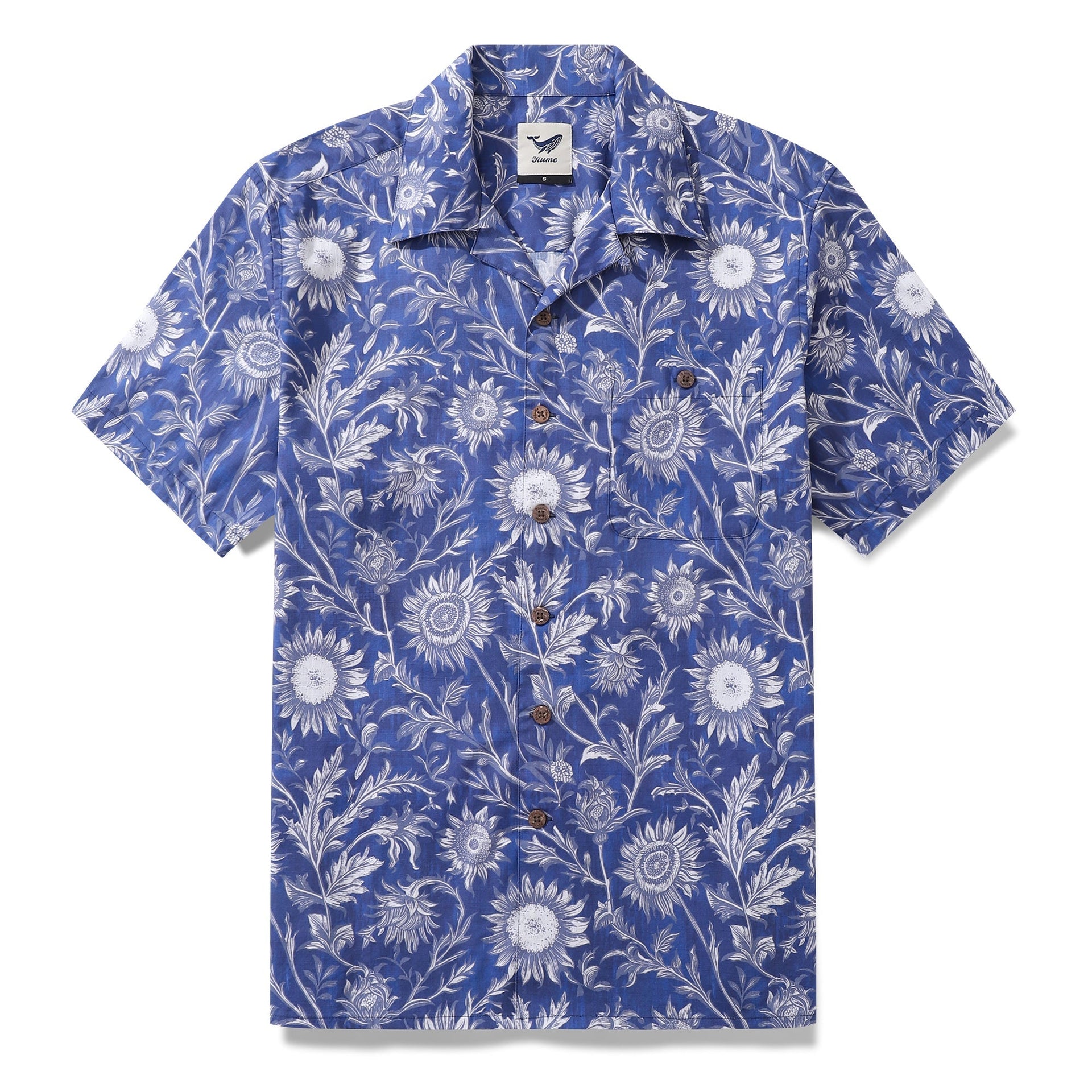 Short-sleeve shirt with blue and white porcelain sunflower print