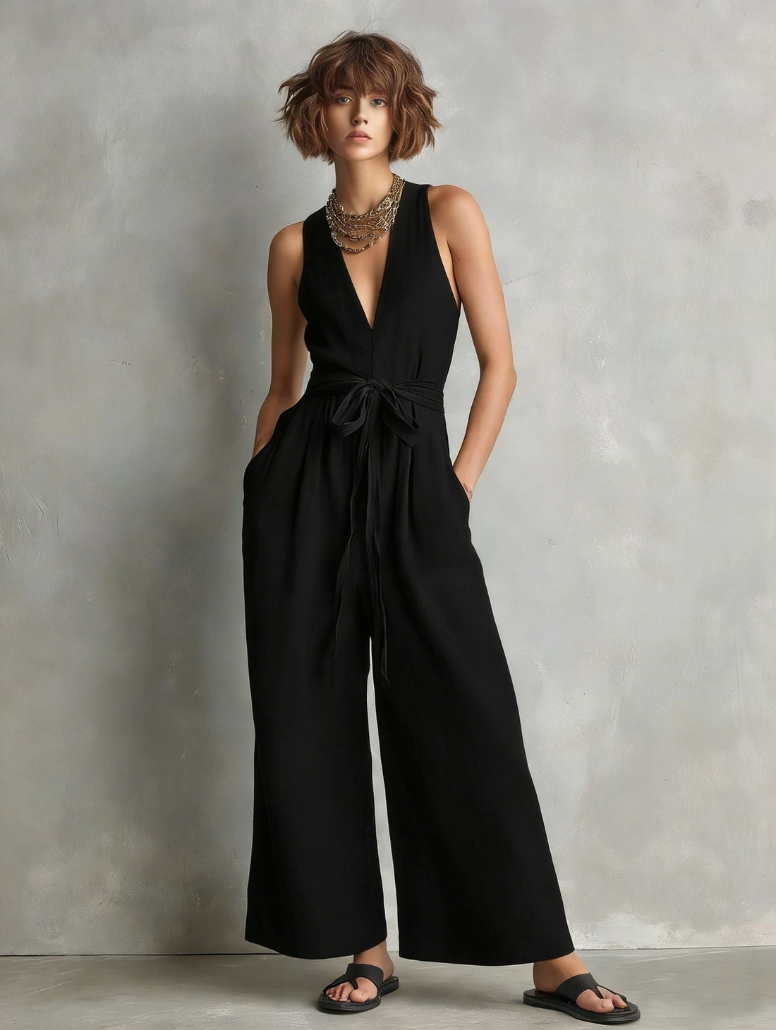 Women's V-Neck Sleeveless Jumpsuit with Waist Tie in Gray - Image 8