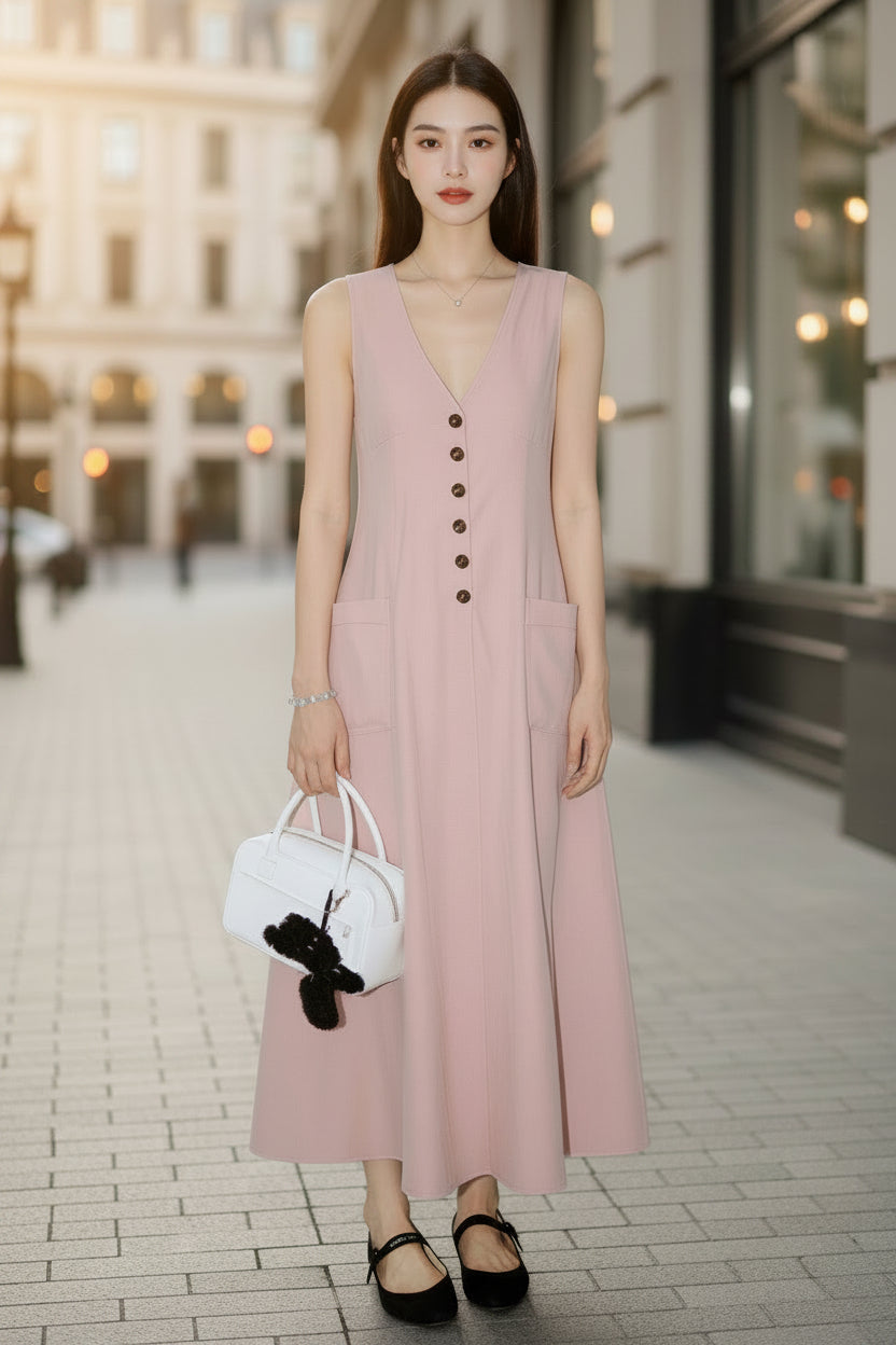 Women's V-Neck Sleeveless Button-Up Maxi Dress with Pockets - Image 4