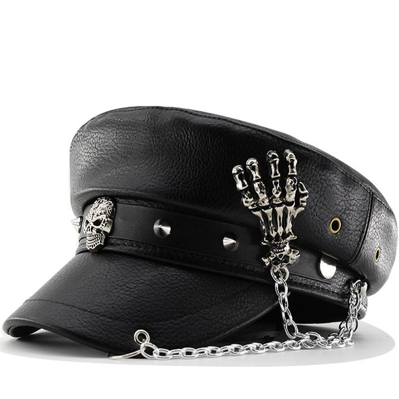 PU Leather Punk Peaked Cap with Chain & Stud Detail – Gothic Halloween Party Hat | 4 Designs: Cross, Leopard, Skull Claws & Spider