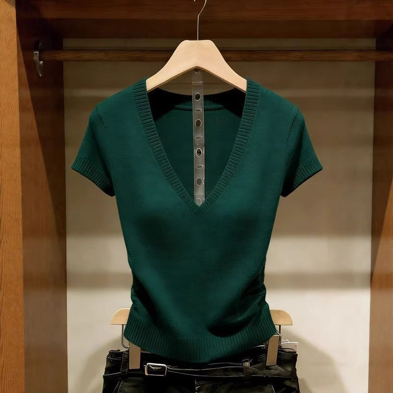 Solid Color Ice Silk Knit Top Short Sleeve Commuter Shirt