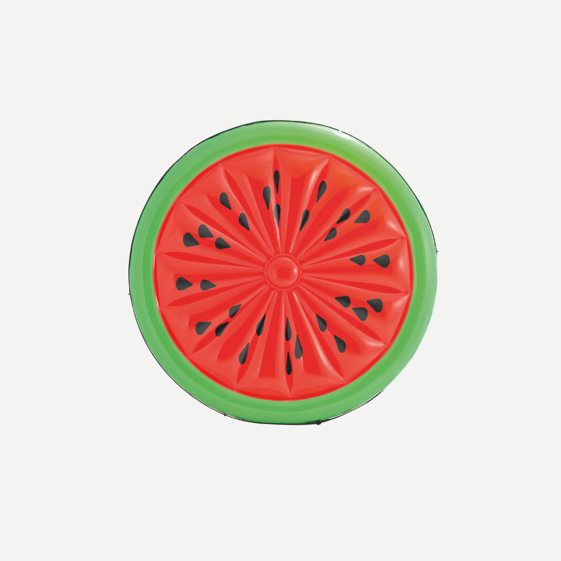 Round watermelon-themed inflatable pool float with red center and green rind.