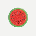 Round watermelon-themed inflatable pool float with red center and green rind.
