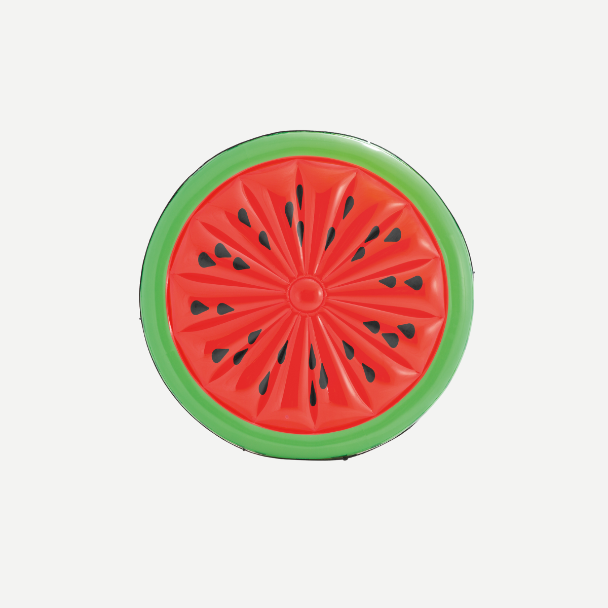 Round watermelon-themed inflatable pool float with red center and green rind.