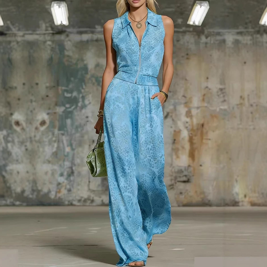 Women's Floral Print Sleeveless Zip-Up Wide Leg Jumpsuit