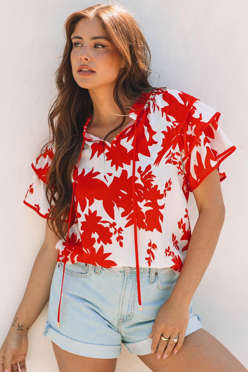 Zoya Tiered Ruffled Sleeve V Neck Blouse in Red Floral Print