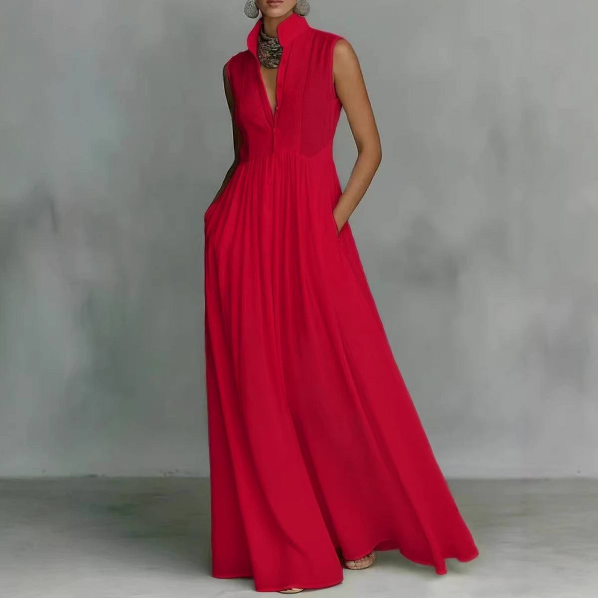 Women's Sleeveless Stand Collar Maxi Dress with Pockets - Image 2