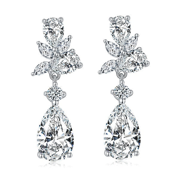 Floral cluster drop earrings with 7x11mm pear cut Moissanite