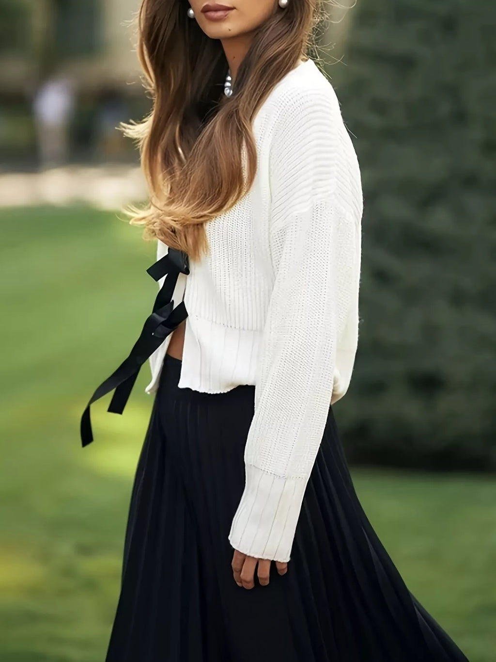 Tie Front Knit Cardigan - Cropped V-Neck Long Sleeve