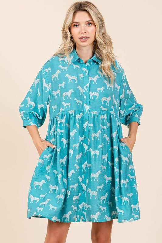 Zebra Print Button-Down Shirt Mini Dress with Tiered Detail