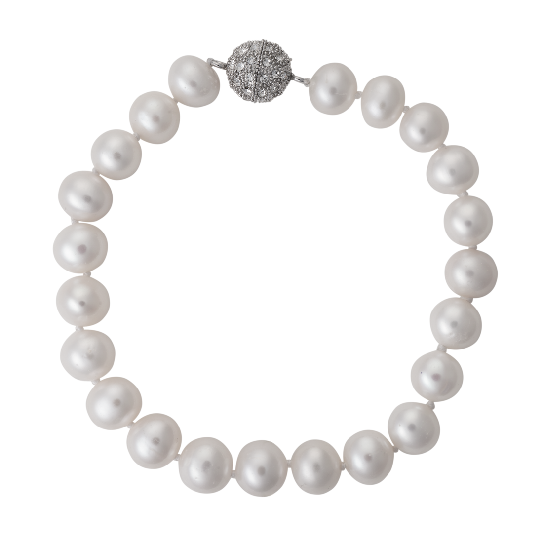 A beautiful freshwater pearl bracelet with a sparkling crystal ball magnetic clasp against a white background.