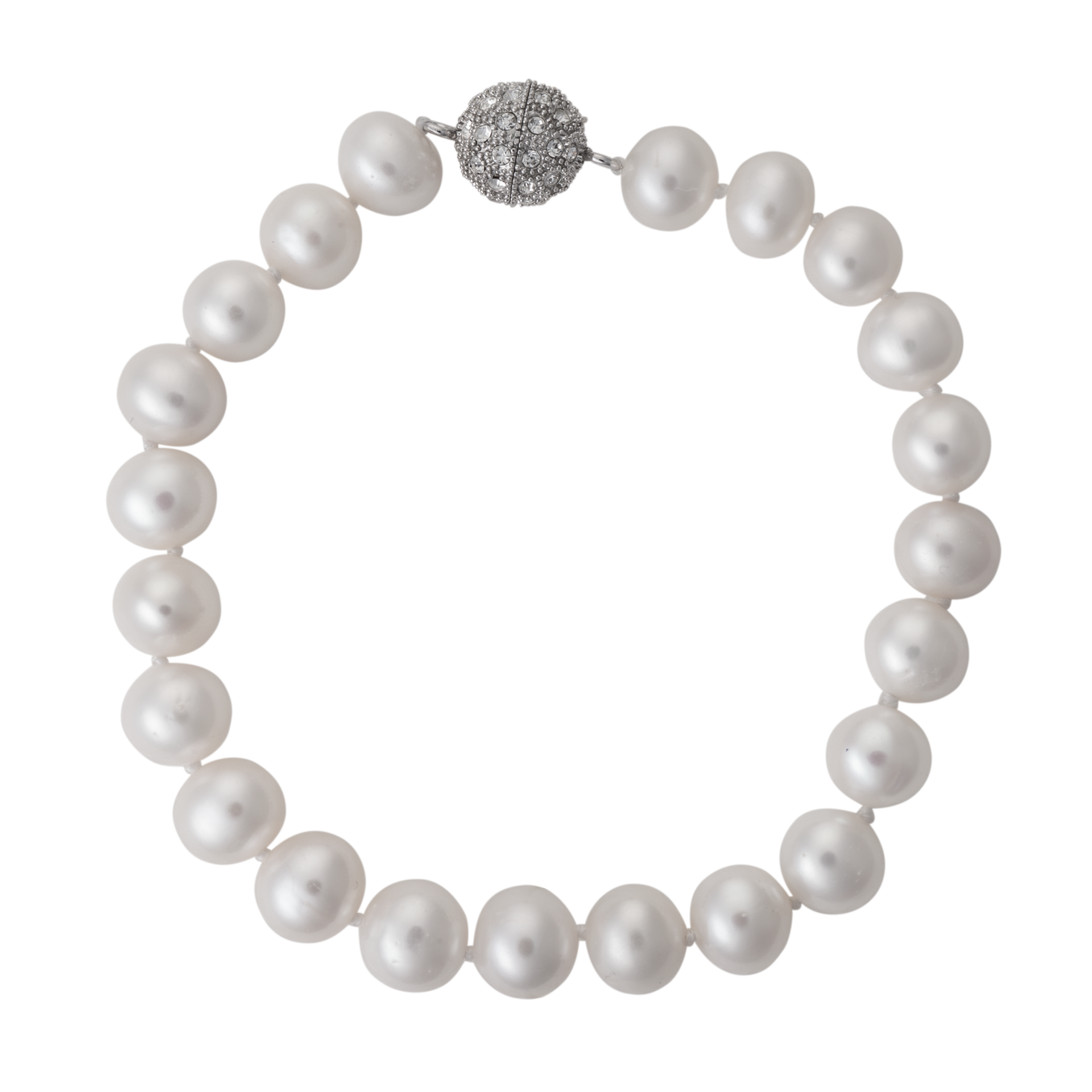 A beautiful freshwater pearl bracelet with a sparkling crystal ball magnetic clasp against a white background.