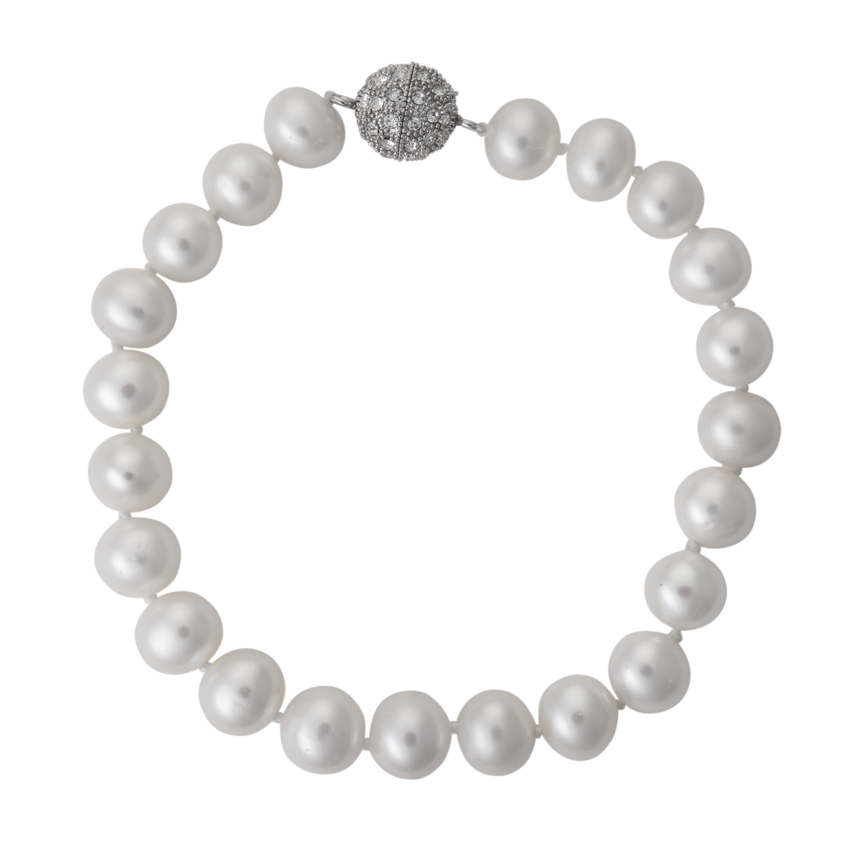 A beautiful freshwater pearl bracelet with a sparkling crystal ball magnetic clasp against a white background.