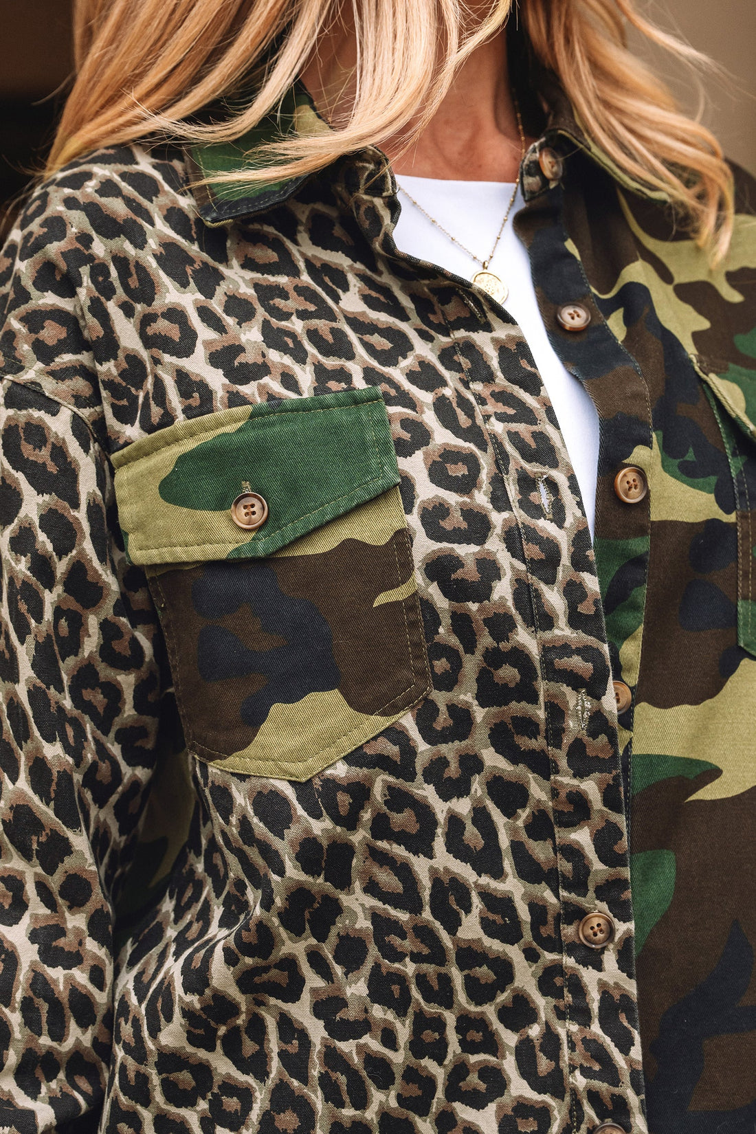 Women's Leopard Camo Patchwork Oversized Button-Up Shacket