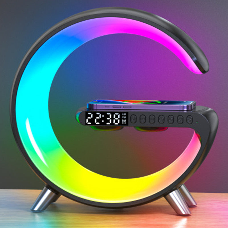 G-shaped modern atmosphere lamp with integrated wireless charging base and LED light strip.