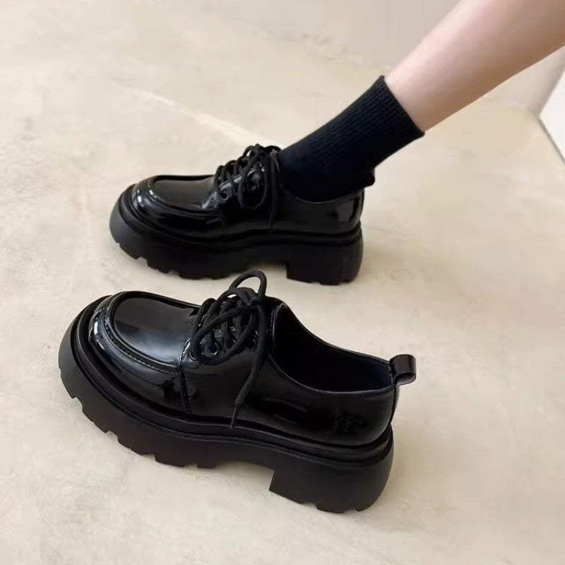 Women’s British Style Black Chunky Sole Leather Platform Loafers - Image 3