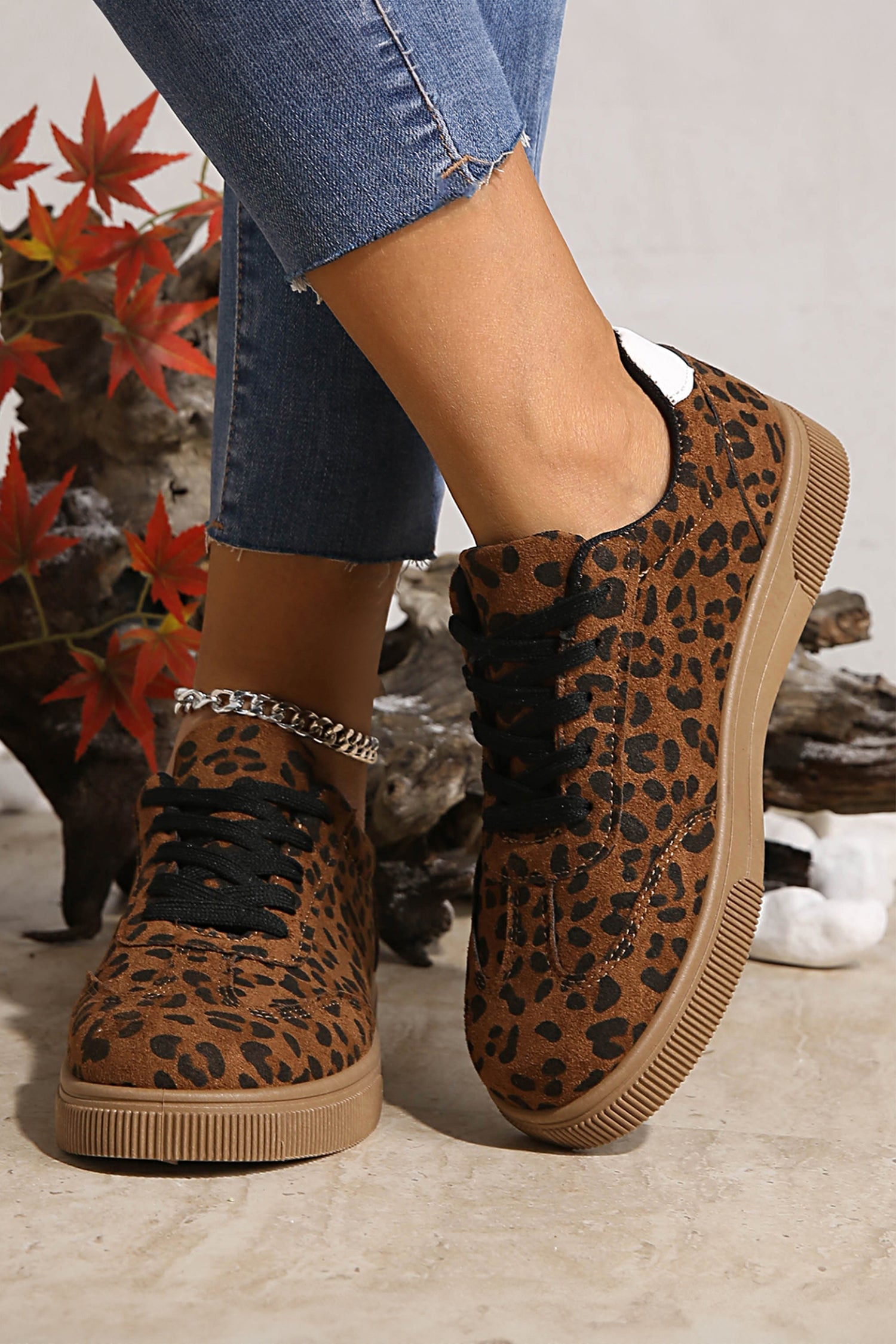 Womens Leopard Print Patchwork Lace Up Sneakers - Image 3