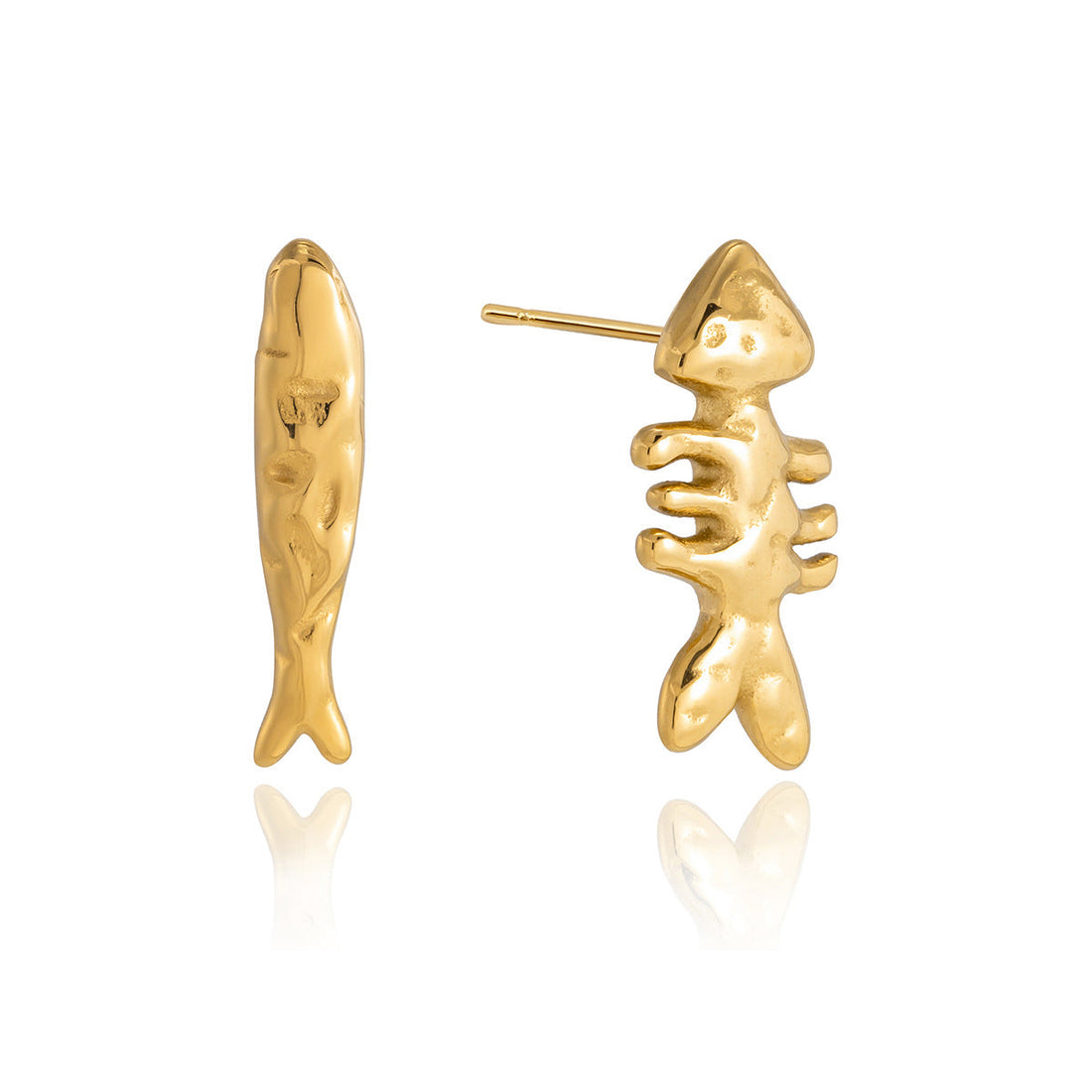 Gold Plated Fishbone Stud Earrings in Polished Stainless Steel