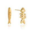 Gold Plated Fishbone Stud Earrings in Polished Stainless Steel