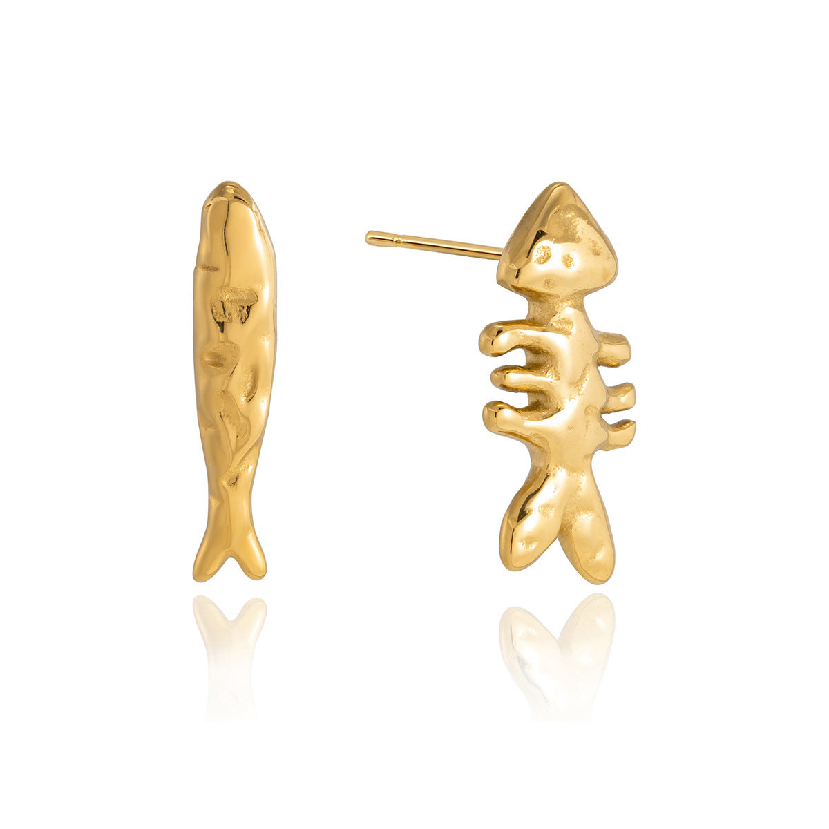 Gold Plated Fishbone Stud Earrings in Polished Stainless Steel