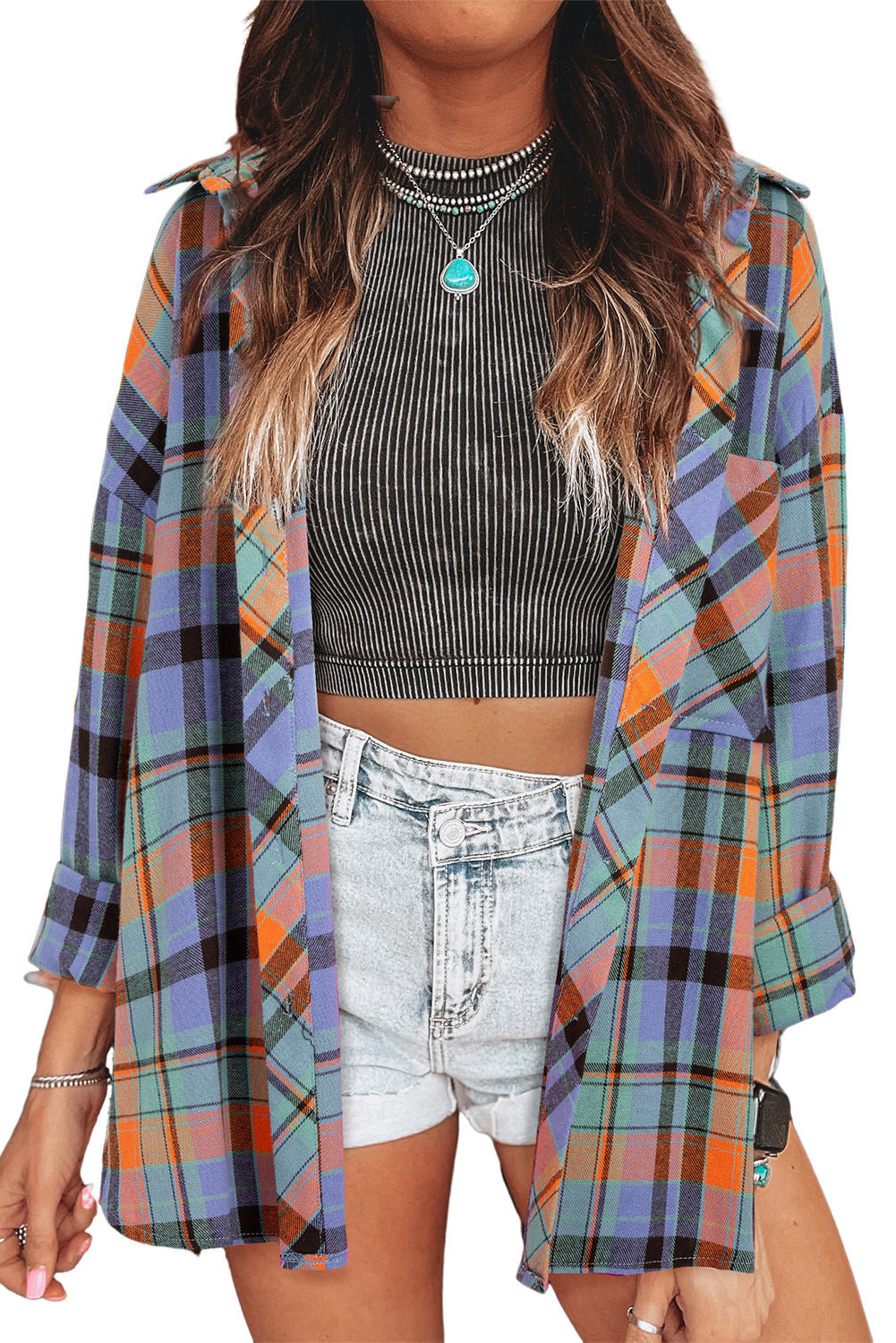 Women's Red Plaid Print Drop Sleeve Loose Shirt Casual Top