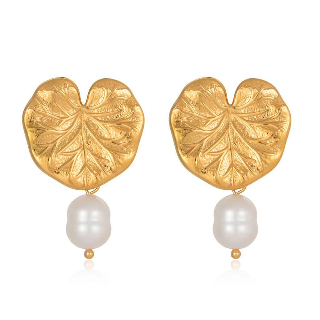 Freshwater Pearl Lotus Drop Earrings in Gold Stainless Steel