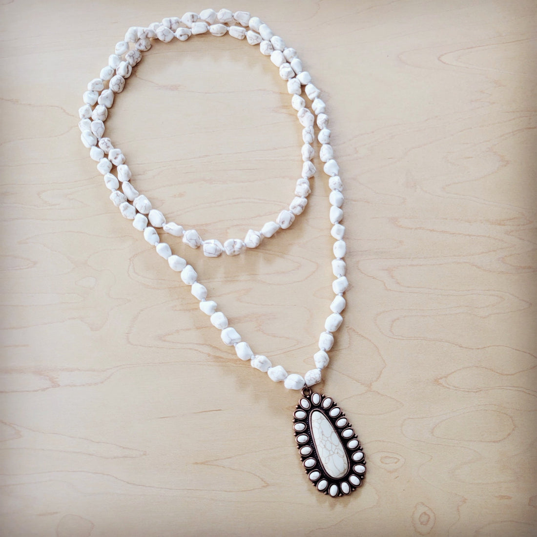 Long White Howlite Beaded Necklace with Squash Blossom Pendant