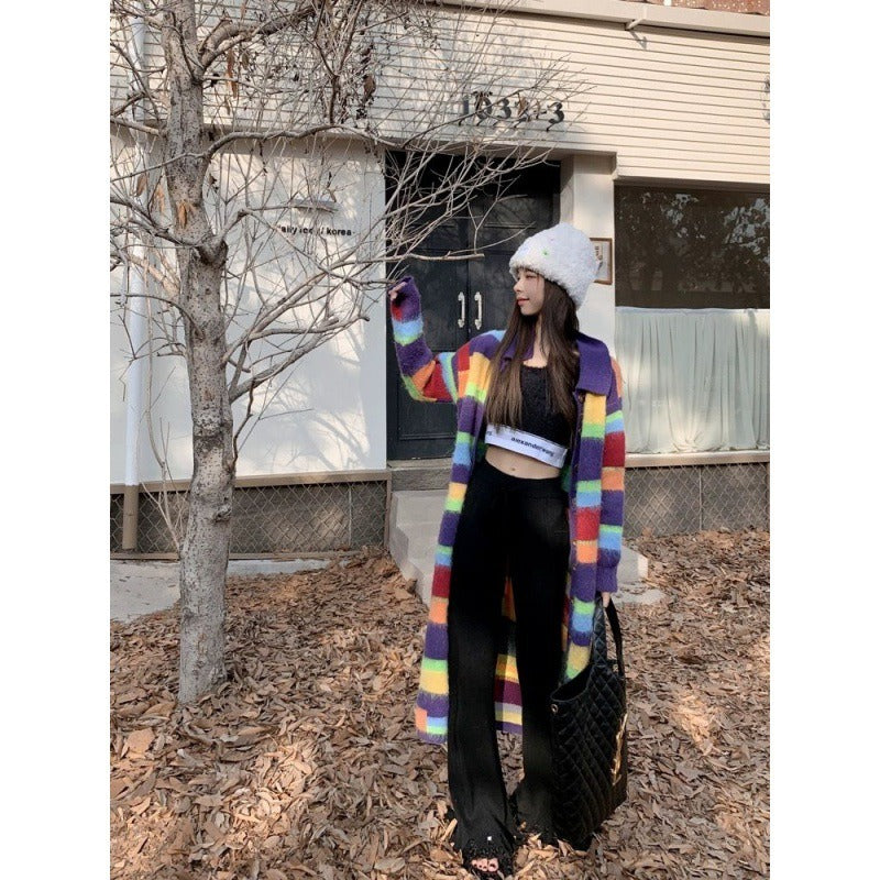 Vibrant Rainbow Striped Knit Cardigan Sweater Coat for Women - Image 4