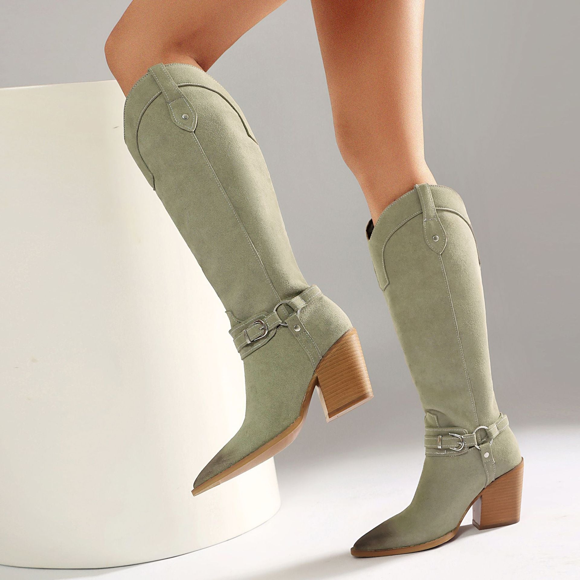 Women's Western Knee-High Boots | Pointed Toe Chunky Heel & Harness Buckle