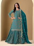 Teal readymade lehenga choli with detailed jacquard work