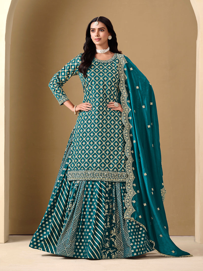 Teal readymade lehenga choli with detailed jacquard work