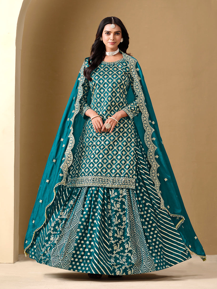 Teal Jacquard Work Dola Silk Readymade Lehenga Choli