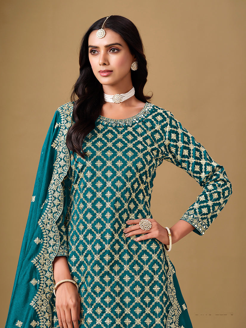 Teal Jacquard Work Dola Silk Readymade Lehenga Choli