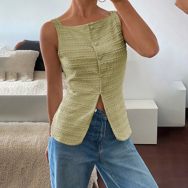 White Square Neck Button Up Vest Trendy Y2K Sleeveless Top - Image 11