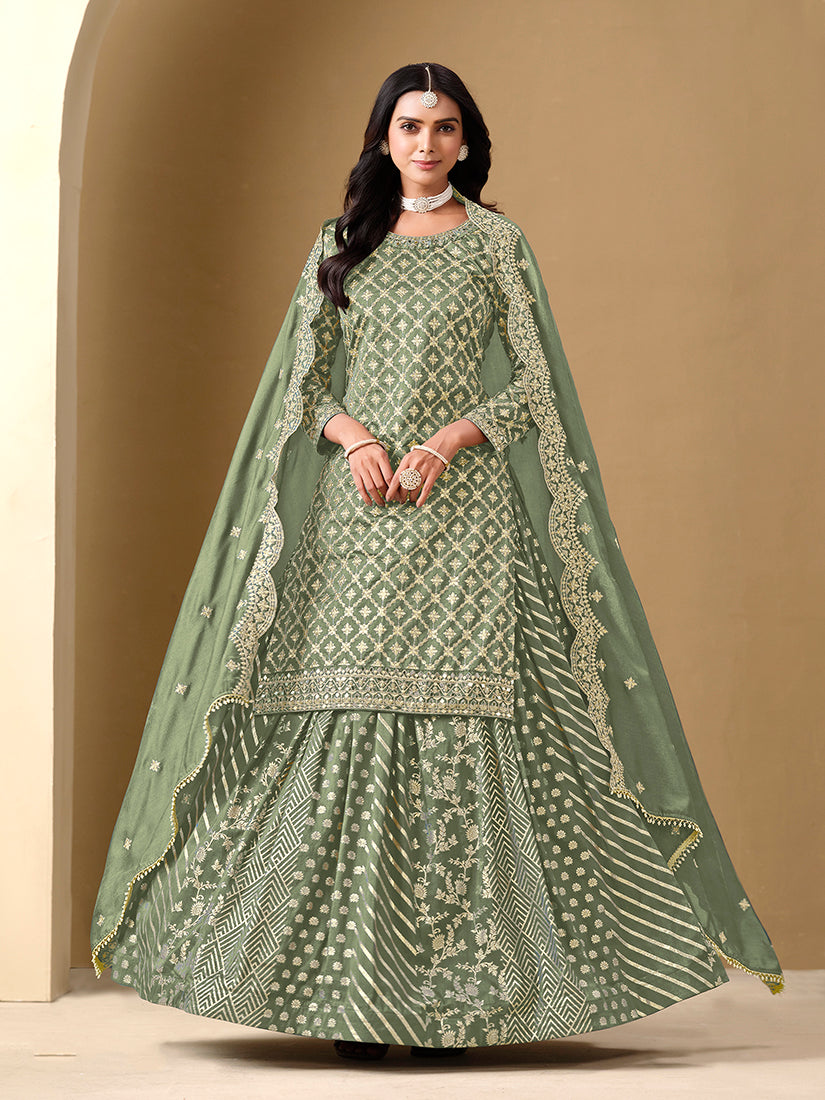 Sage Green Dola Silk Readymade Lehenga Choli with Jacquard