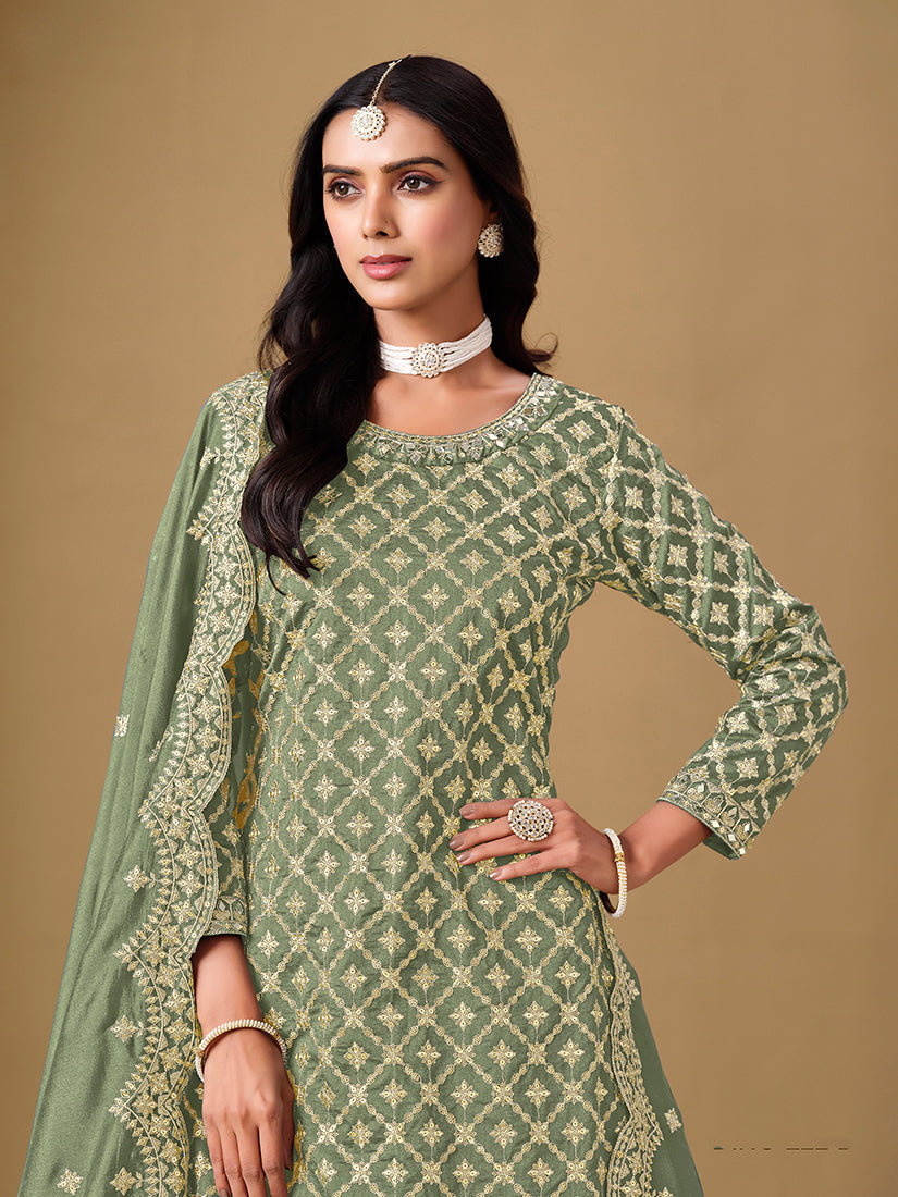 Sage Green Dola Silk Readymade Lehenga Choli with Jacquard