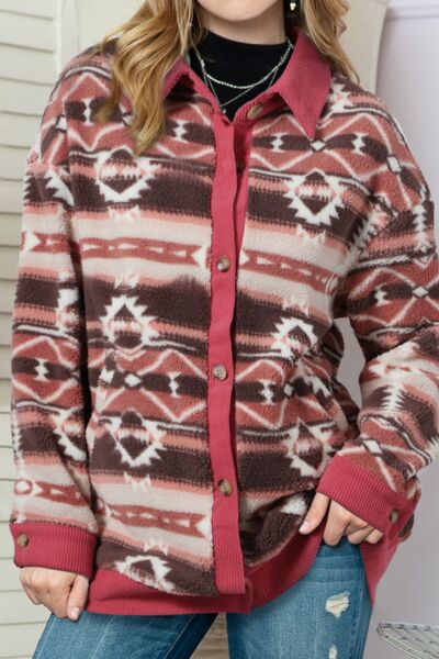 Deep rose jacket featuring a geometric pattern and corduroy trim details