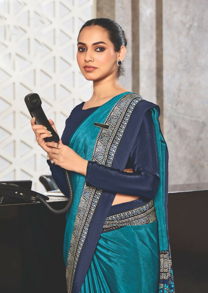 Joban Fashion Blue Crepe Silk with Traditional Print Saree