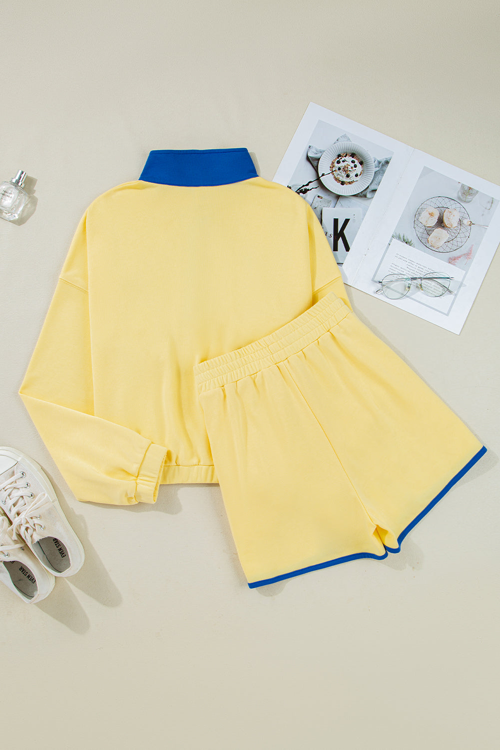 Yellow Colorblock Patchwork Half Button Pullover Shorts Set