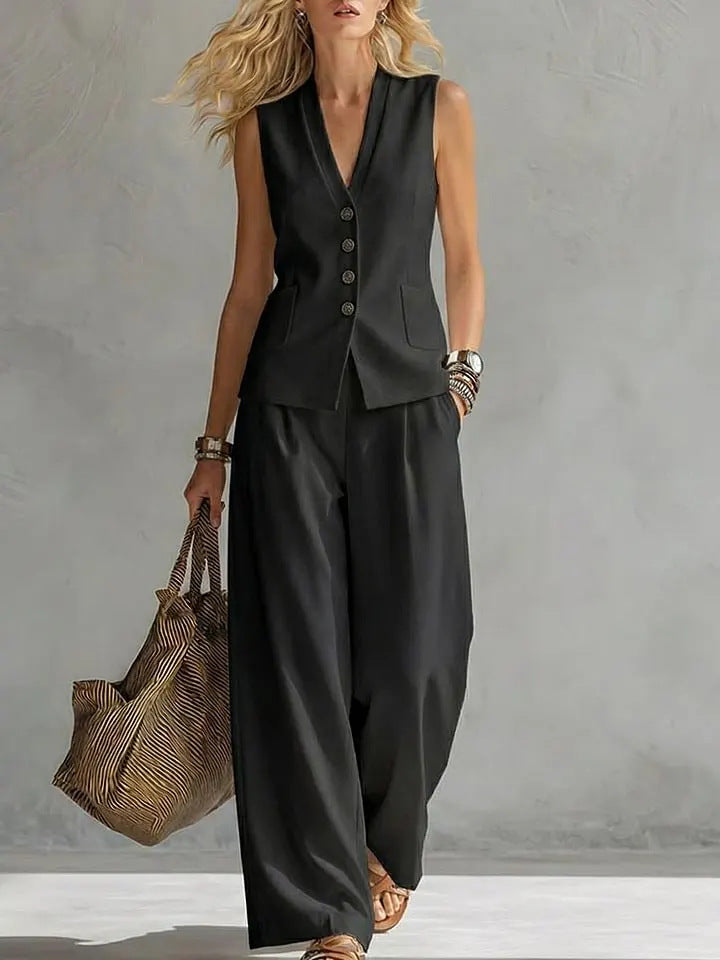 Women's Button-Down Vest and Wide-Leg Pants Two-Piece Set - Image 7