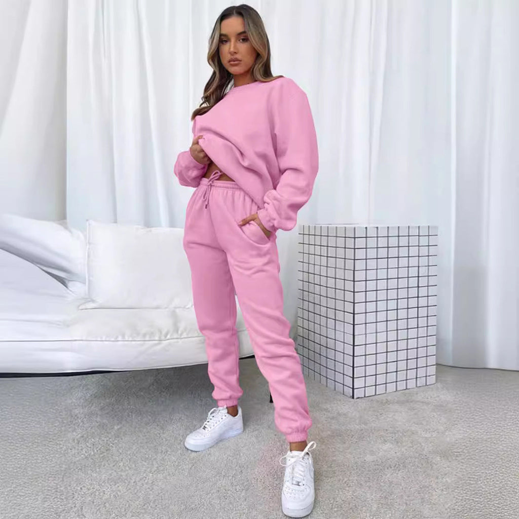 Women's Solid Color Round Neck Pullover Sweatshirt & Jogger Set - Image 2