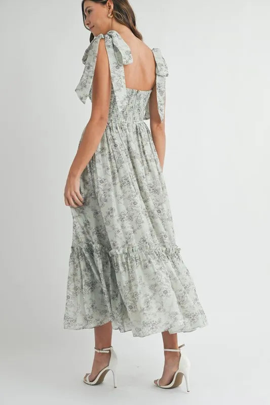 Floral Bust Ruched Midi Dress with Shoulder Tie