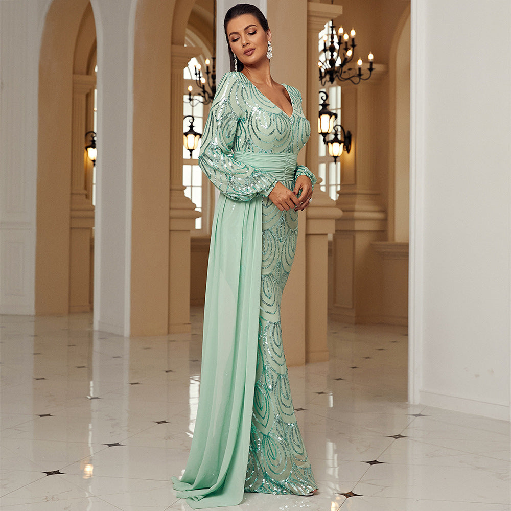Sequined V-Neck Long Sleeve Evening Dress in Mint Green