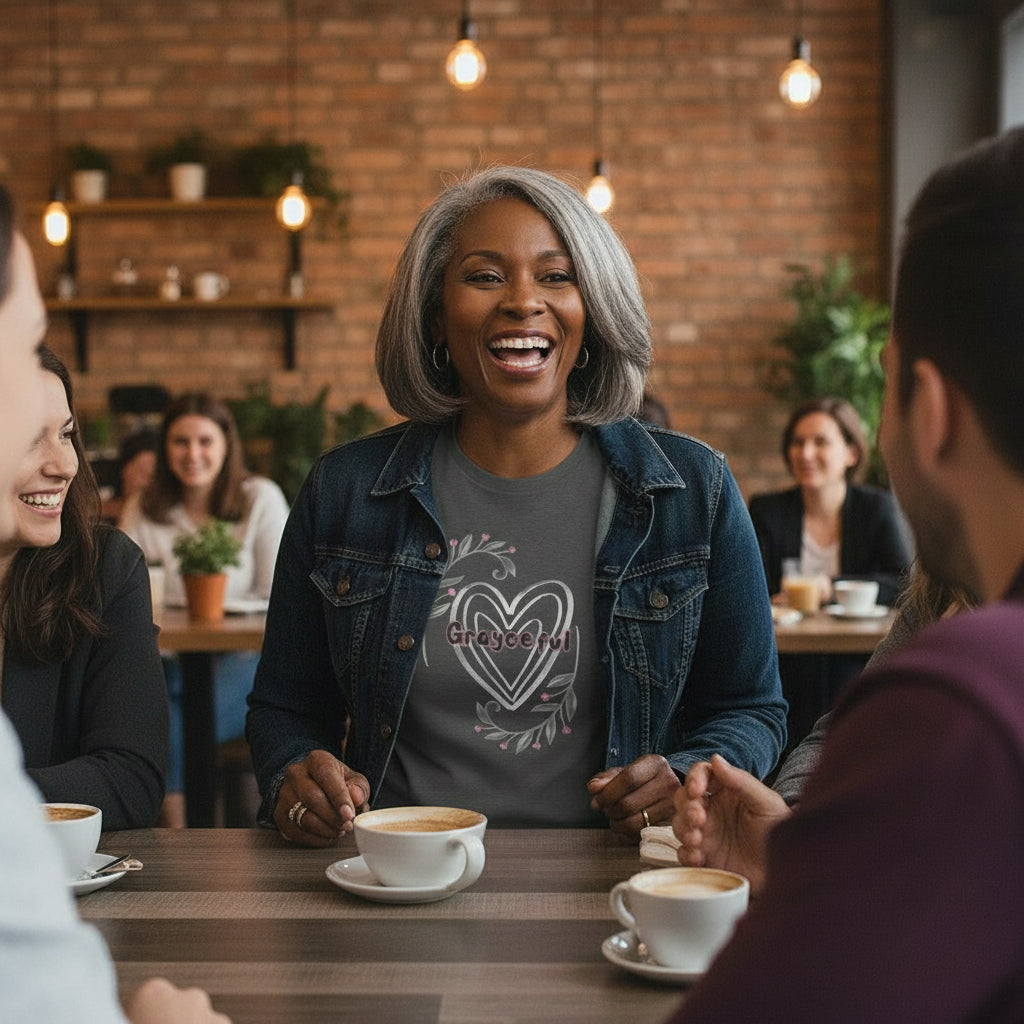 Woman wearing a gray triblend t-shirt with a floral heart graphic design