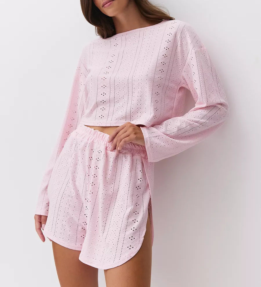 Women's Eyelet Two-Piece Shorts Set Long Sleeve Loungewear - Image 8