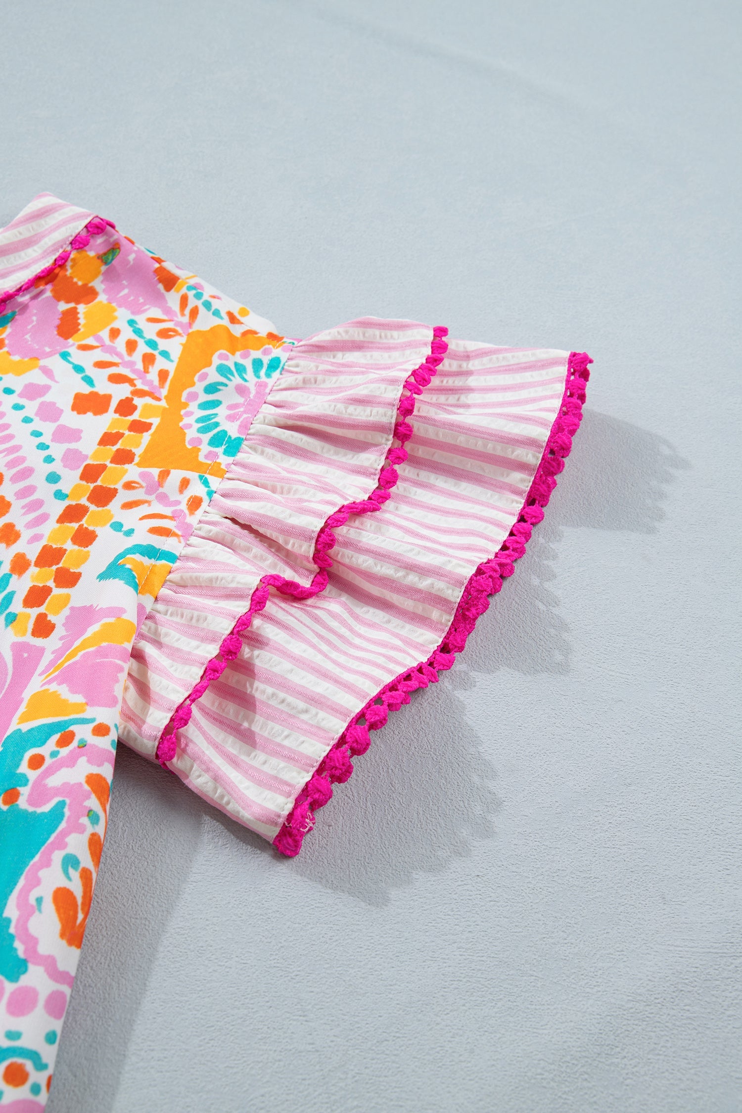 Boho Contrast Trim Patchwork Tiered Short Sleeve Blouse