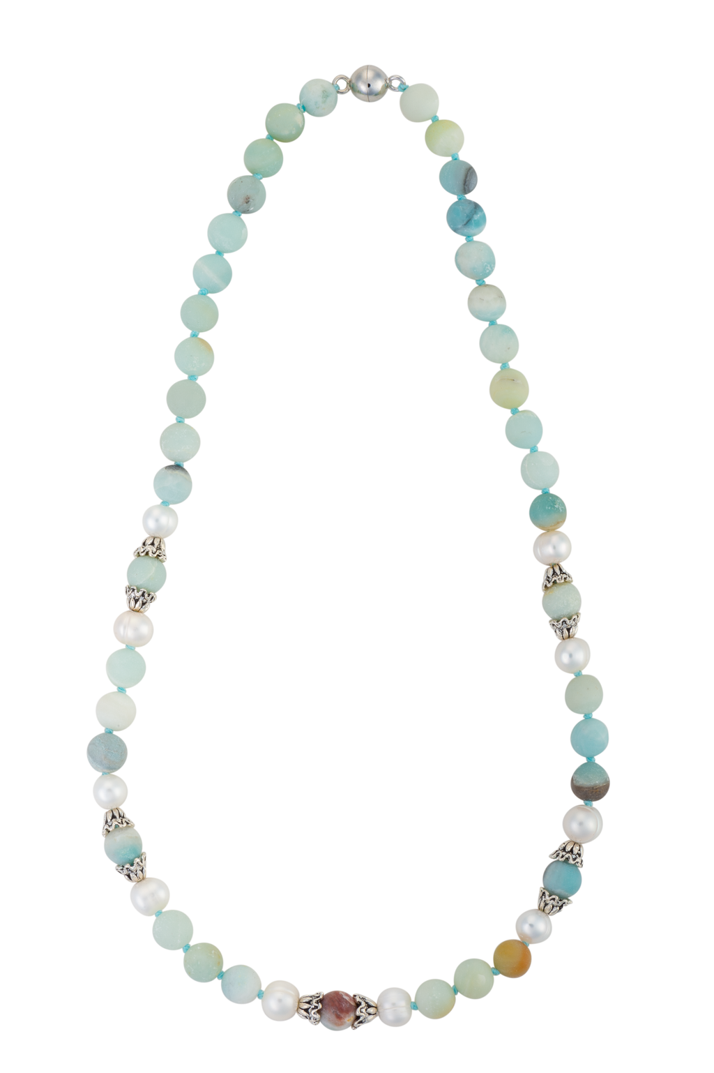 A necklace featuring amazonite stones, white freshwater pearls, and silver-tone decorative beads on a silk strand with a magnetic clasp.